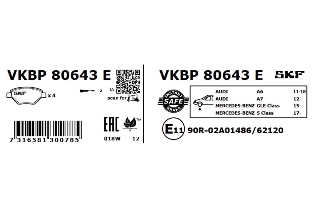 Jeu de 4 plaquettes de frein SKF ref. VKBP 80643 E